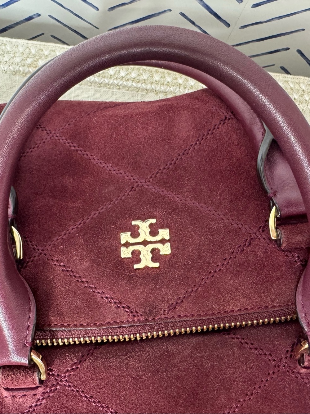 Tory Burch Frida Suede Quilted Satchel Plum Gold EXCELLENT - Picture 10 of 11